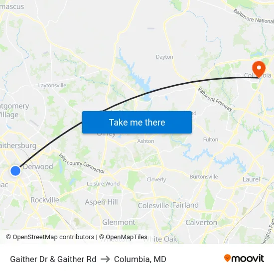 Gaither Dr & Gaither Rd to Columbia, MD map