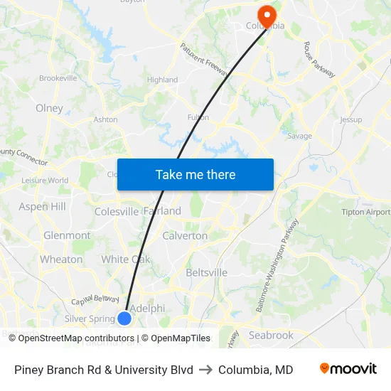 Piney Branch Rd & University Blvd to Columbia, MD map