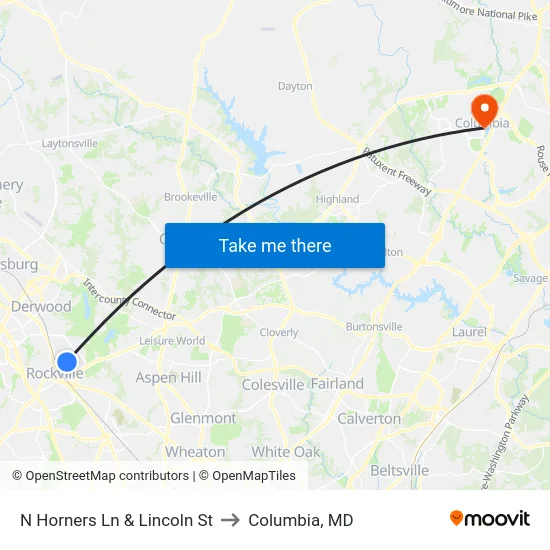 N Horners Ln & Lincoln St to Columbia, MD map