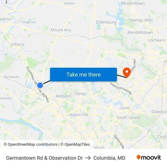 Germantown Rd & Observation Dr to Columbia, MD map