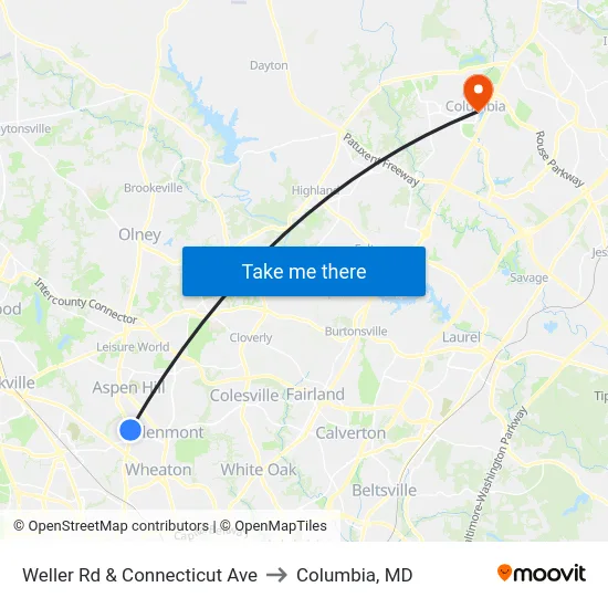 Weller Rd & Connecticut Ave to Columbia, MD map