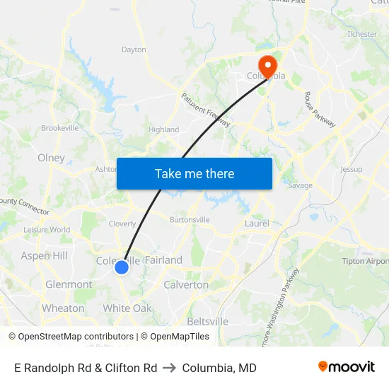 E Randolph Rd & Clifton Rd to Columbia, MD map