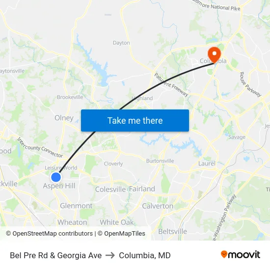 Bel Pre Rd & Georgia Ave to Columbia, MD map