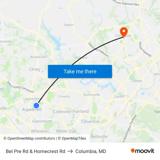 Bel Pre Rd & Homecrest Rd to Columbia, MD map