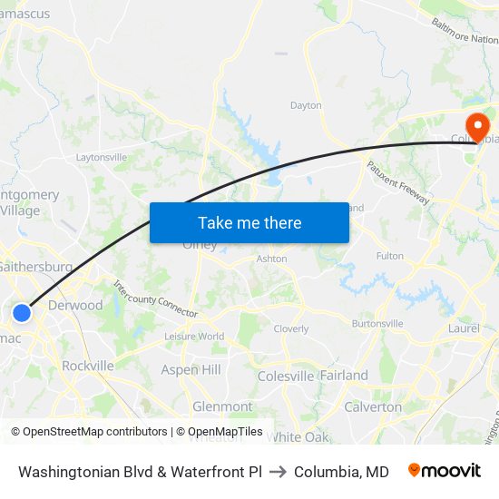 Washingtonian Blvd & Waterfront Pl to Columbia, MD map