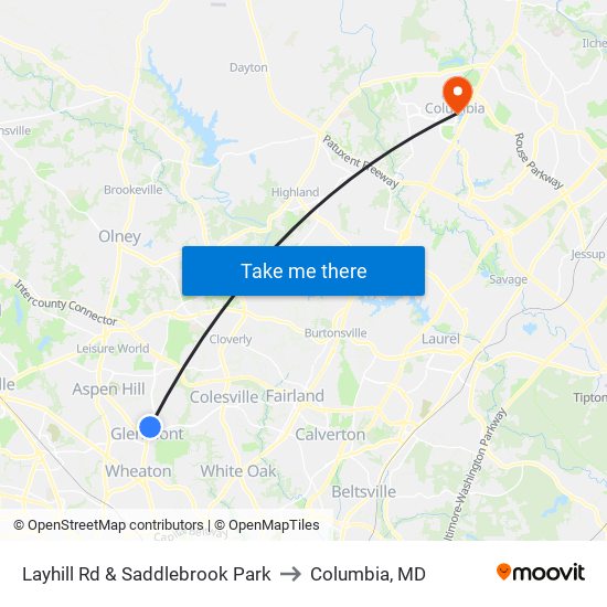 Layhill Rd & Saddlebrook Park to Columbia, MD map