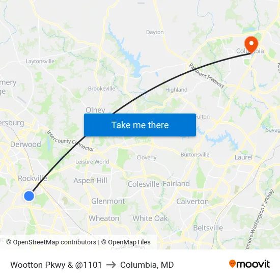 Wootton Pkwy & @1101 to Columbia, MD map