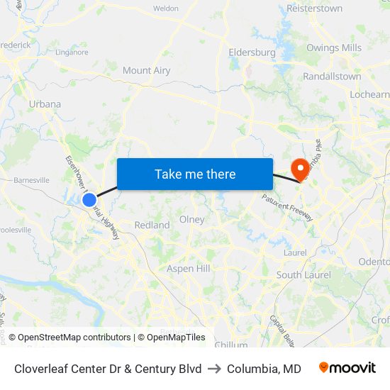 Cloverleaf Center Dr & Century Blvd to Columbia, MD map