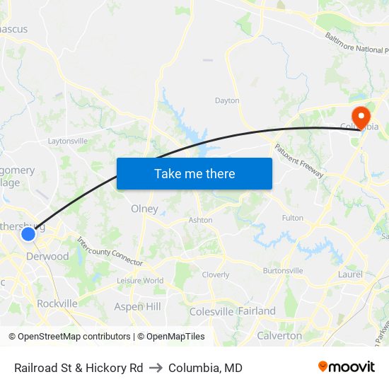 Railroad St & Hickory Rd to Columbia, MD map