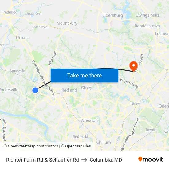 Richter Farm Rd & Schaeffer Rd to Columbia, MD map