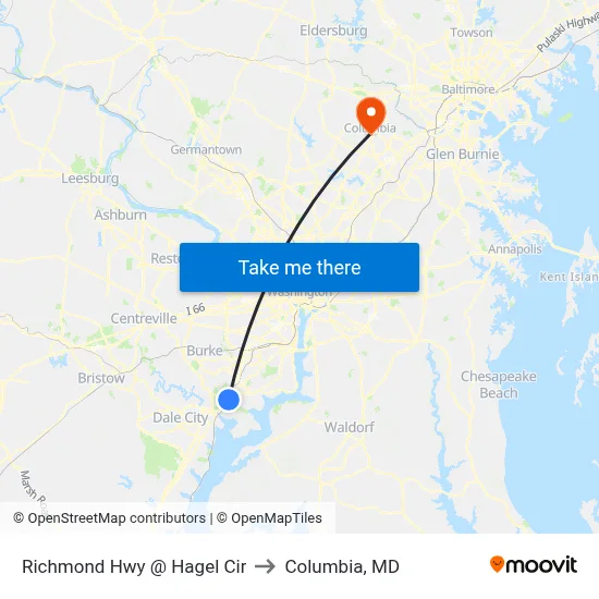 Richmond Hwy @ Hagel Cir to Columbia, MD map