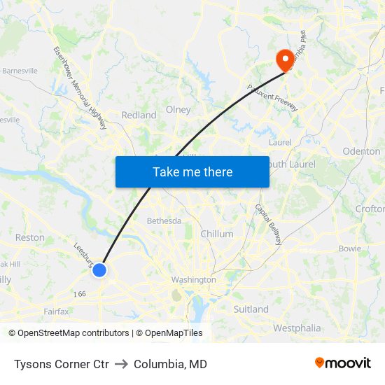 Tysons Corner Ctr to Columbia, MD map