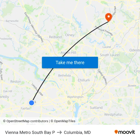 Vienna Metro South Bay P to Columbia, MD map