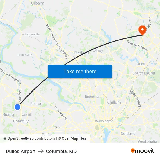 Dulles Airport to Columbia, MD map