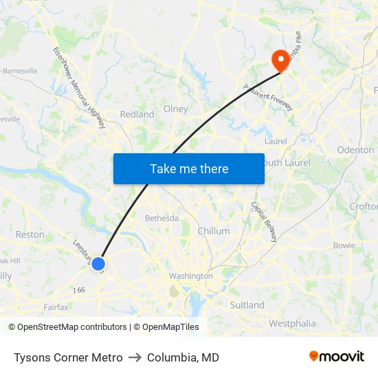 Tysons Corner Metro to Columbia, MD map