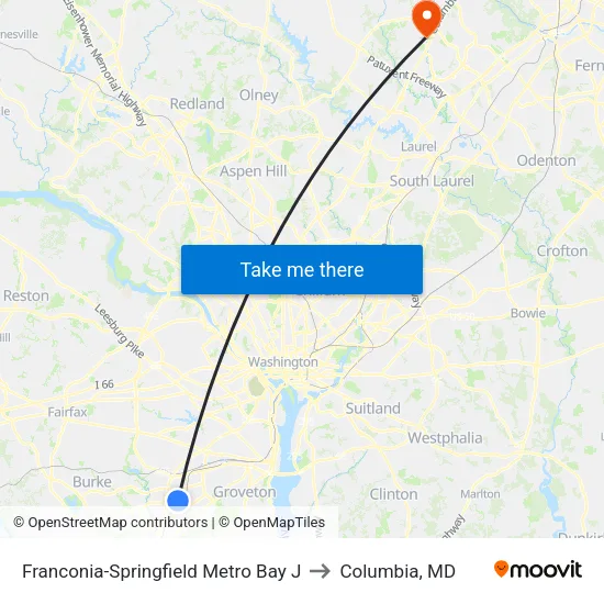 Franconia-Springfield Metro Bay J to Columbia, MD map