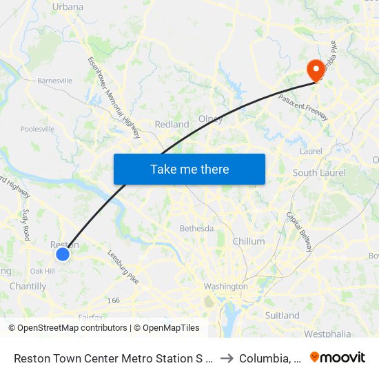 Reston Town Center Metro Station S Bay B to Columbia, MD map