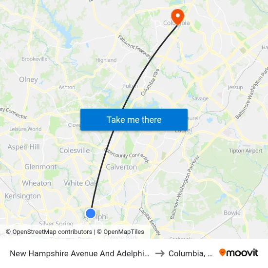New Hampshire Avenue And Adelphi Road to Columbia, MD map