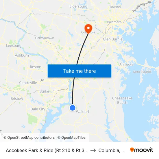 Accokeek Park & Ride (Rt 210 & Rt 373) to Columbia, MD map