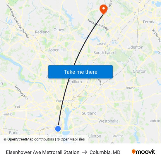 Eisenhower Ave Metrorail Station to Columbia, MD map