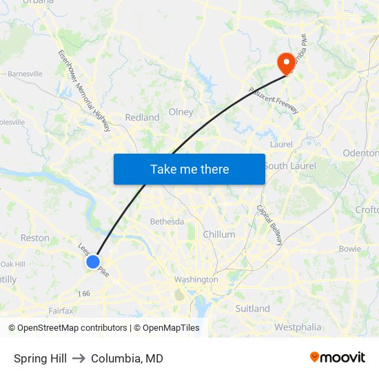 Spring Hill to Columbia, MD map