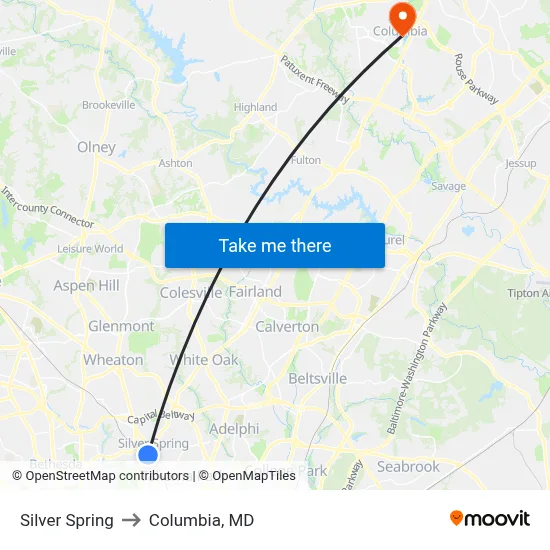 Silver Spring to Columbia, MD map