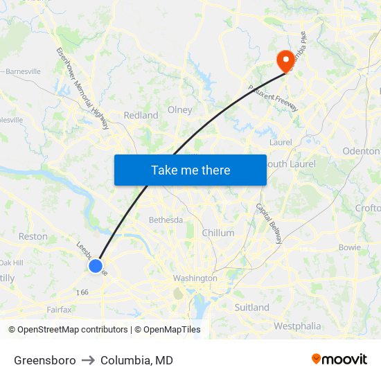 Greensboro to Columbia, MD map