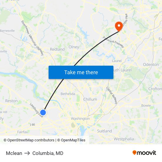 Mclean to Columbia, MD map