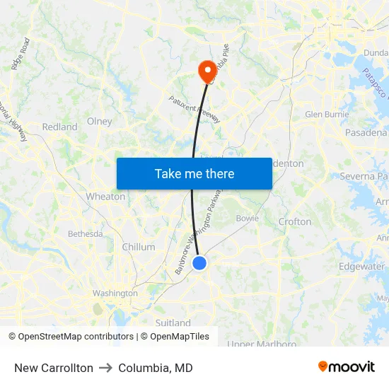 New Carrollton to Columbia, MD map