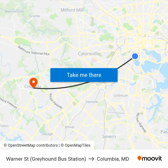 Warner St (Greyhound Bus Station) to Columbia, MD map