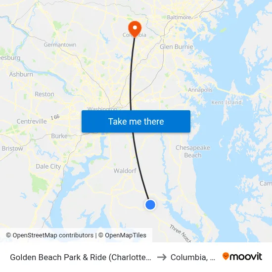 Golden Beach Park & Ride (Charlotte Hall) to Columbia, MD map