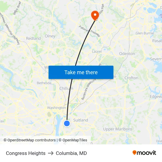Congress Heights to Columbia, MD map