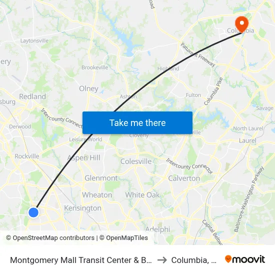 Montgomery Mall Transit Center & Bay A to Columbia, MD map