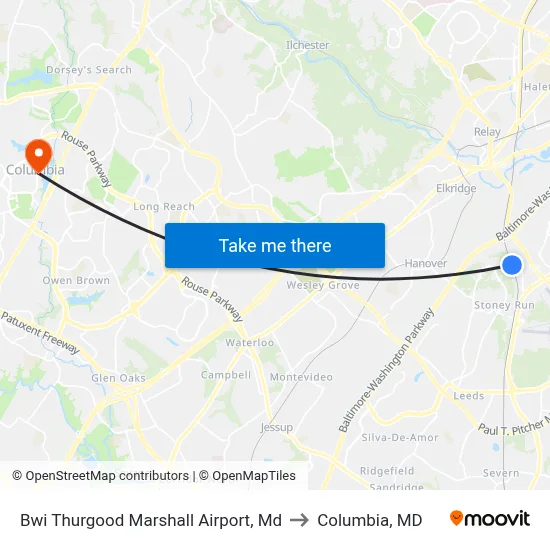 Bwi Thurgood Marshall  Airport, Md to Columbia, MD map