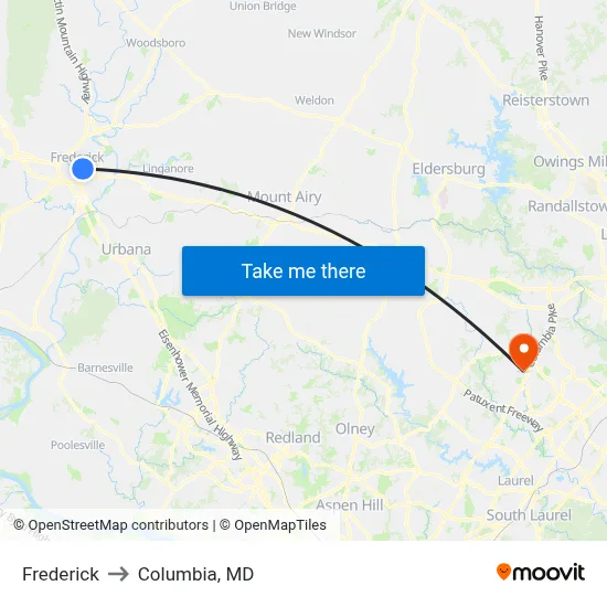 Frederick to Columbia, MD map