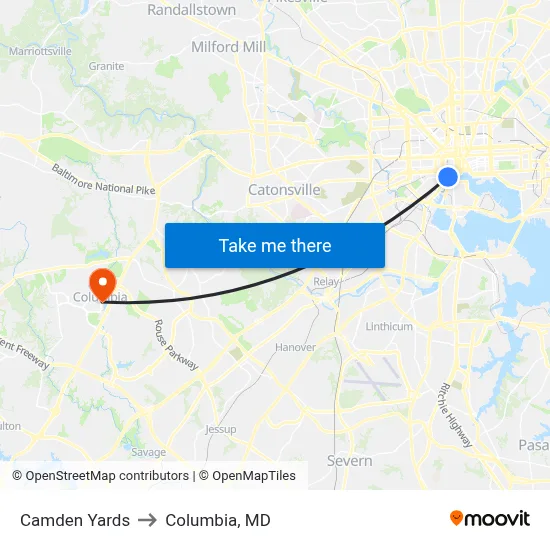 Camden Yards to Columbia, MD map