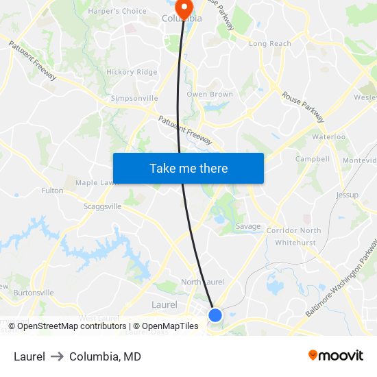 Laurel to Columbia, MD map