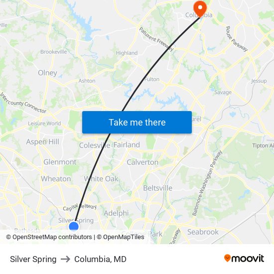 Silver Spring to Columbia, MD map