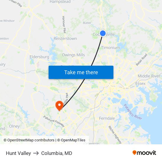 Hunt Valley to Columbia, MD map