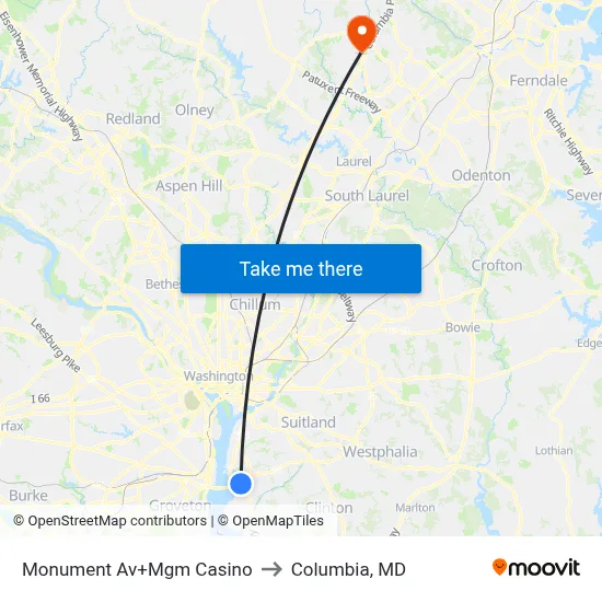 Monument Av+Mgm Casino to Columbia, MD map