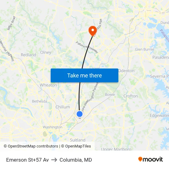 Emerson St+57 Av to Columbia, MD map