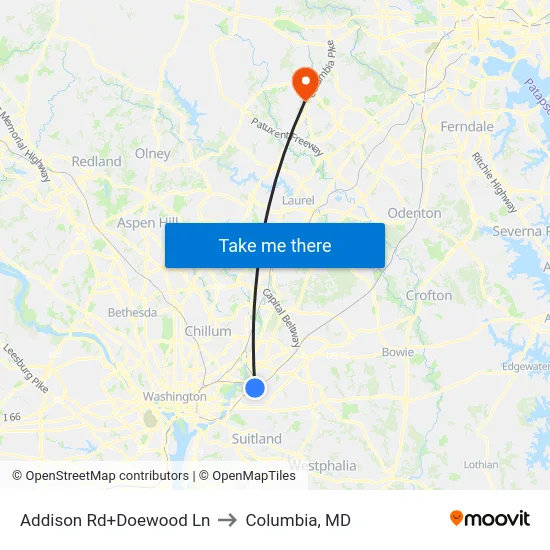 Addison Rd+Doewood Ln to Columbia, MD map