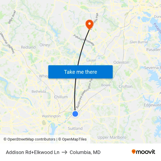 Addison Rd+Elkwood Ln to Columbia, MD map