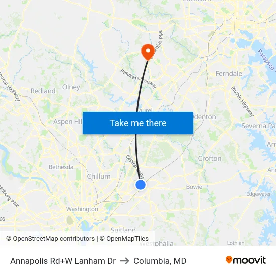 Annapolis Rd+W Lanham Dr to Columbia, MD map