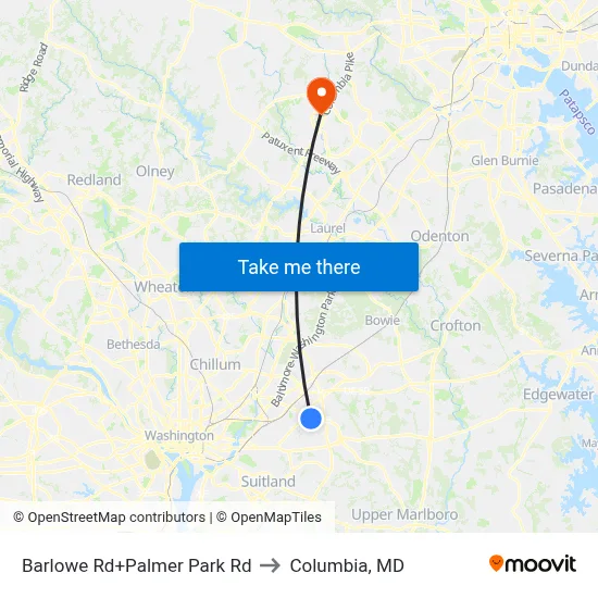 Barlowe Rd+Palmer Park Rd to Columbia, MD map