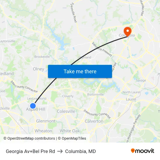 Georgia Av+Bel Pre Rd to Columbia, MD map