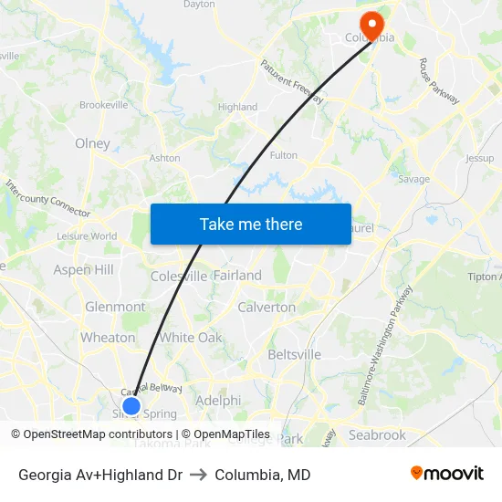 Georgia Av+Highland Dr to Columbia, MD map
