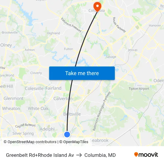 Greenbelt Rd+Rhode Island Av to Columbia, MD map