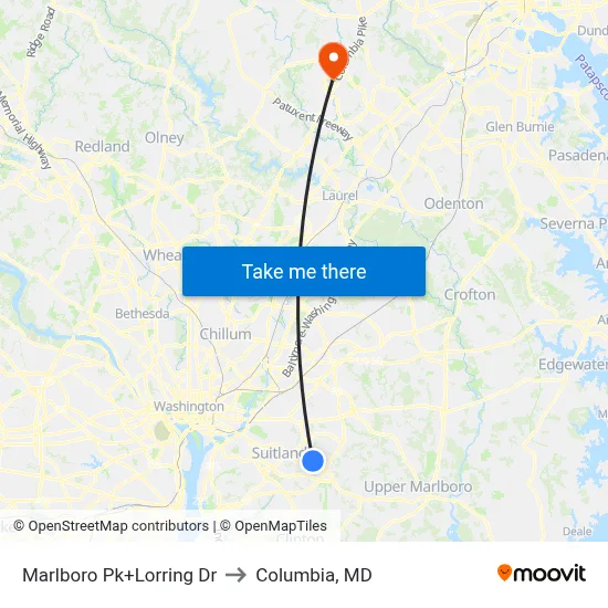 Marlboro Pk+Lorring Dr to Columbia, MD map