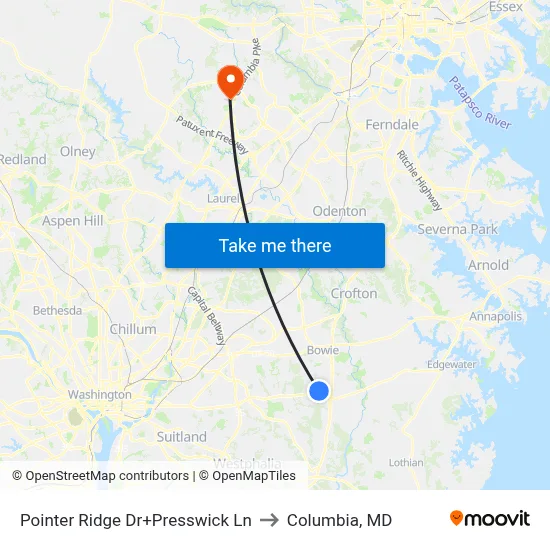 Pointer Ridge Dr+Presswick Ln to Columbia, MD map